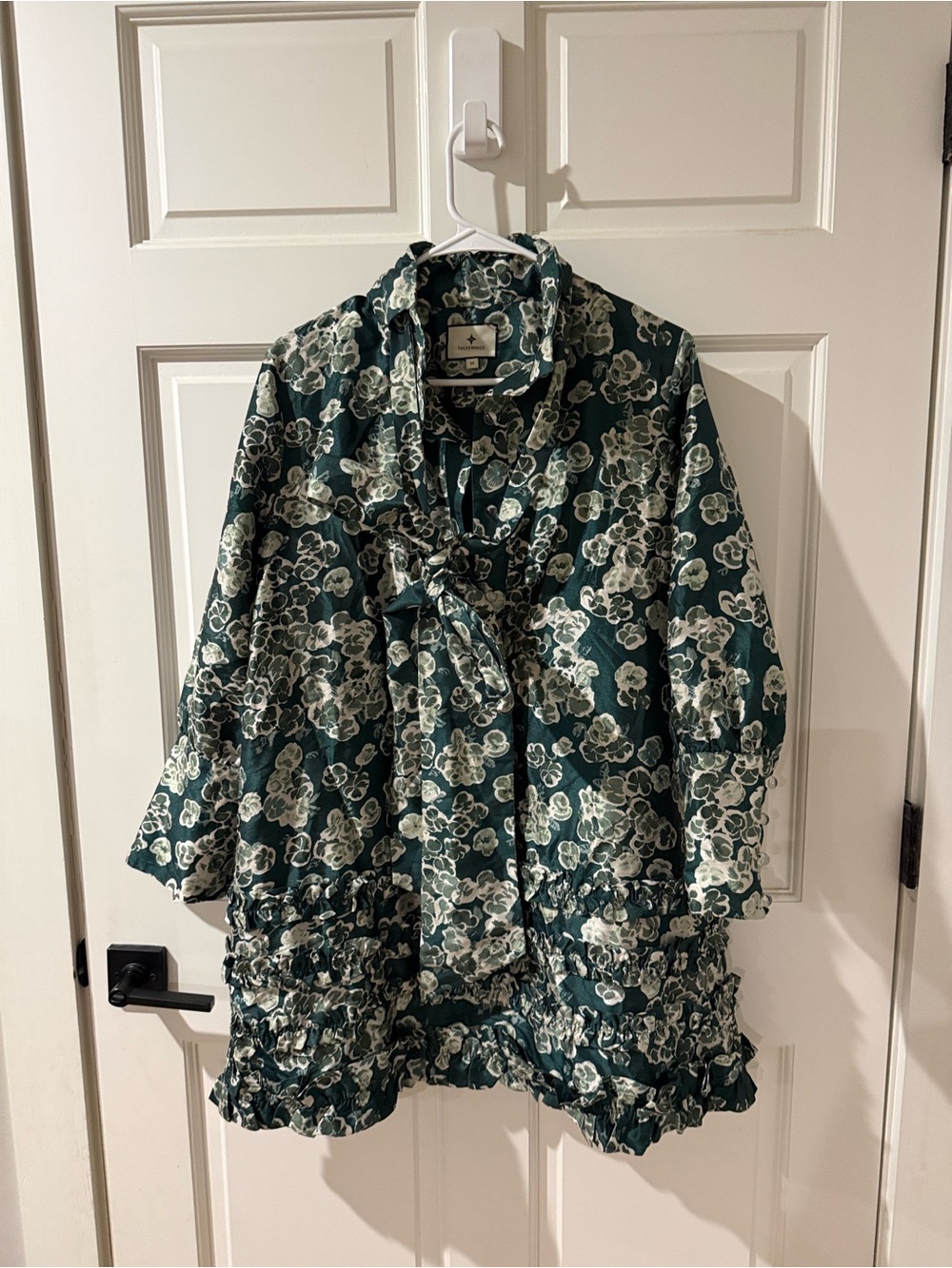 Tuckernuck Green and Cream Floral Tie-Neck Midi Dress